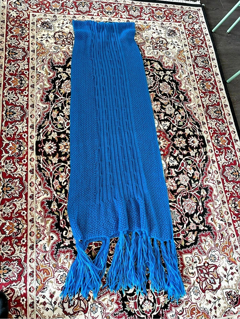 New hand knit Blue Knit Scarf and Pom-Pom Hat Set